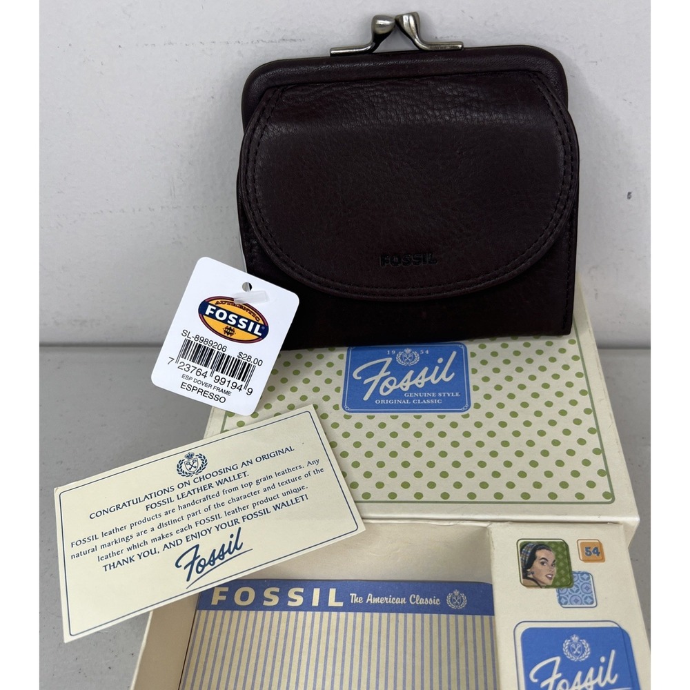 BRAND NEW Vintage Fossil Leather Tri Fold Wallet Espresso Brown IN ORIGINAL BOX